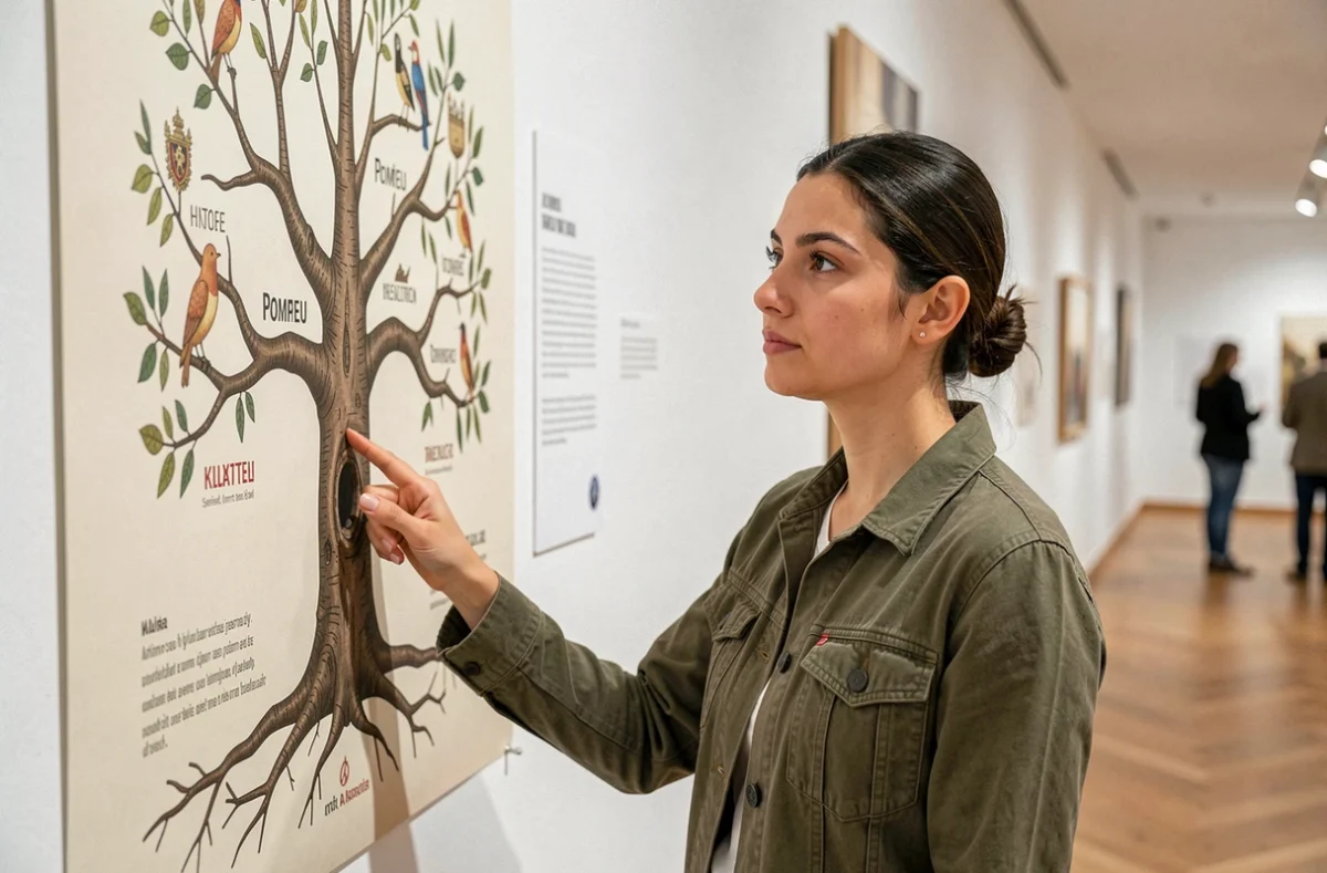 Jeune femme catalane observant un arbre généalogique mentionnant le nom Pompeu dans un centre culturel moderne
