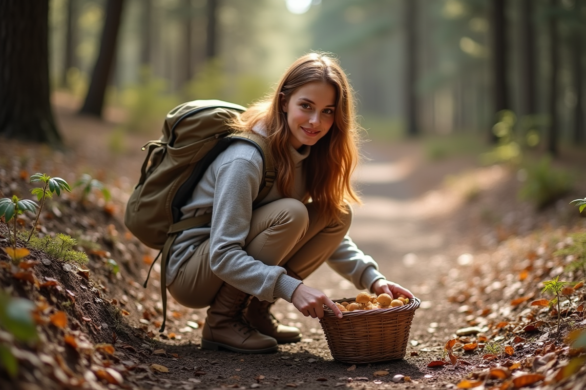 Jeune femme cueillant des champignons dans la forêt