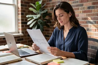 Femme concentrée lisant un document complexe avec des annotations manuscrites dans un bureau à domicile, symbolisant la compréhension claire d'un sujet sans jargon