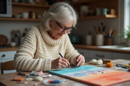Femme appliquant des diamants sur une toile dans la cuisine