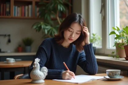 Femme réfléchissant en écrivant dans un appartement cosy