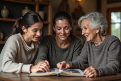 Femme et famille souriants autour d'un album photo
