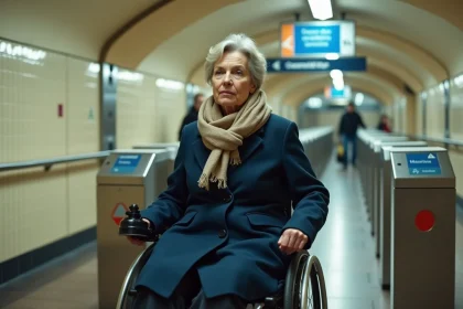 Femme en fauteuil roulant motorisé naviguant dans une station de métro parisienne accessible avec signalétique PMR