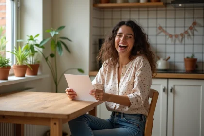 Femme souriante avec carte d anniversaire dans la cuisine