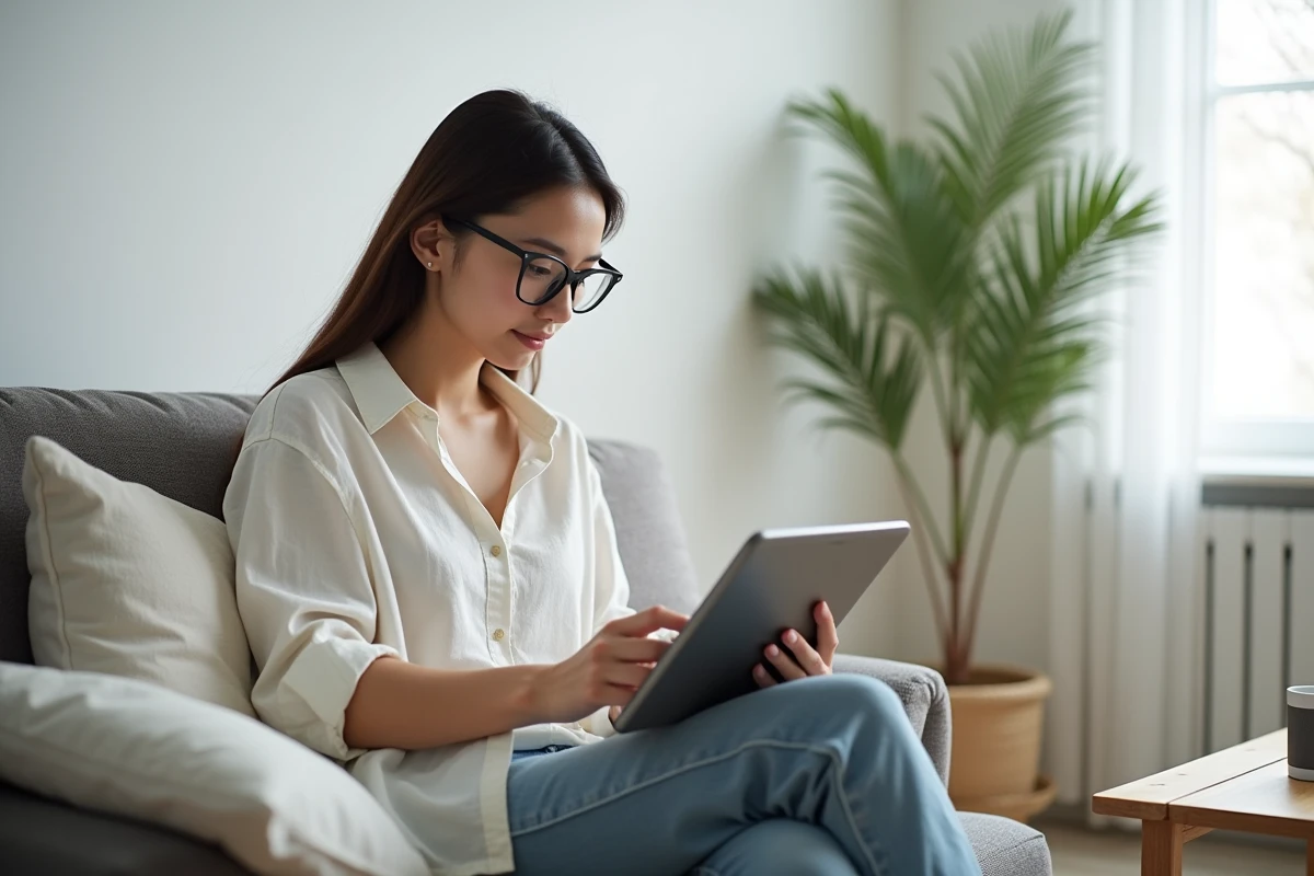 Jeune femme consultant un site de lecture de manhwa sur tablette dans un salon moderne et minimaliste au style scandinave
