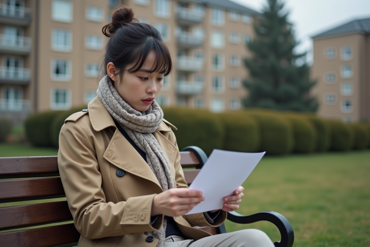 Jeune femme lisant une lettre dans un parc urbain