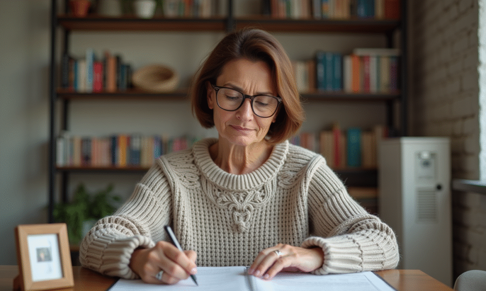 Femme d'âge moyen lisant des papiers à la maison