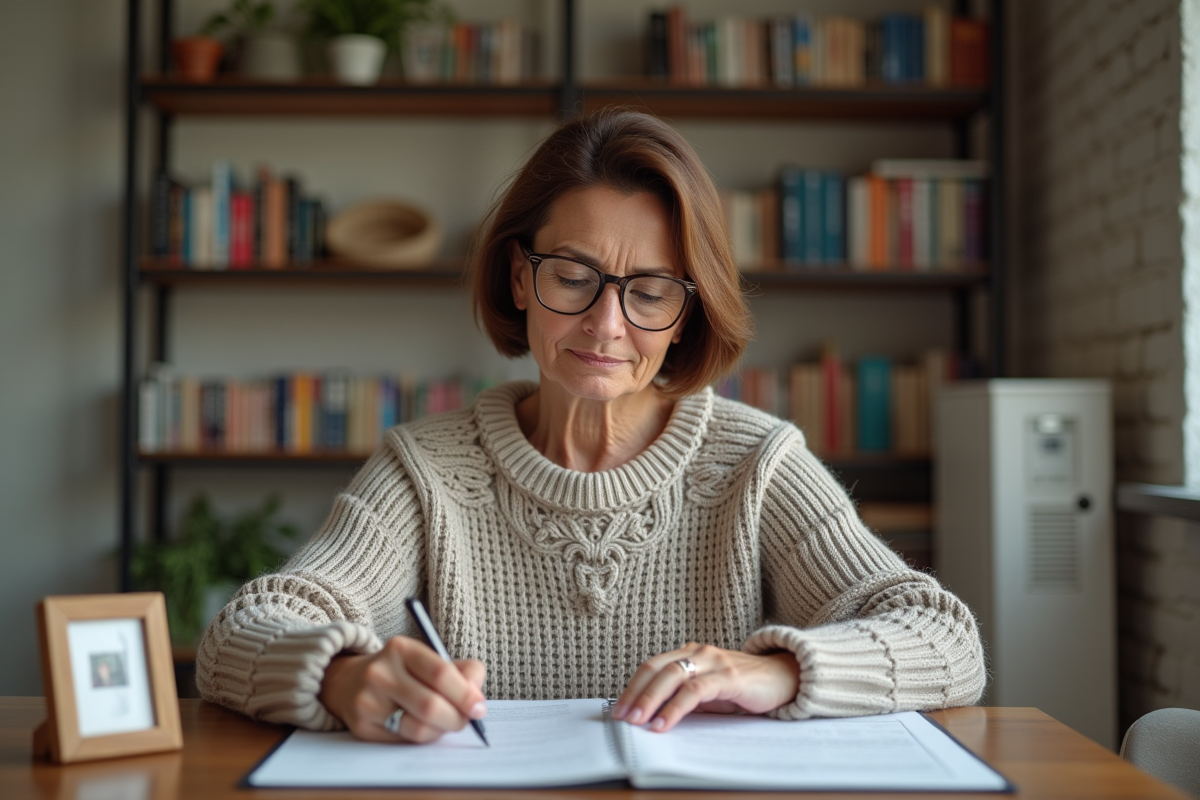 Femme d'âge moyen lisant des papiers à la maison