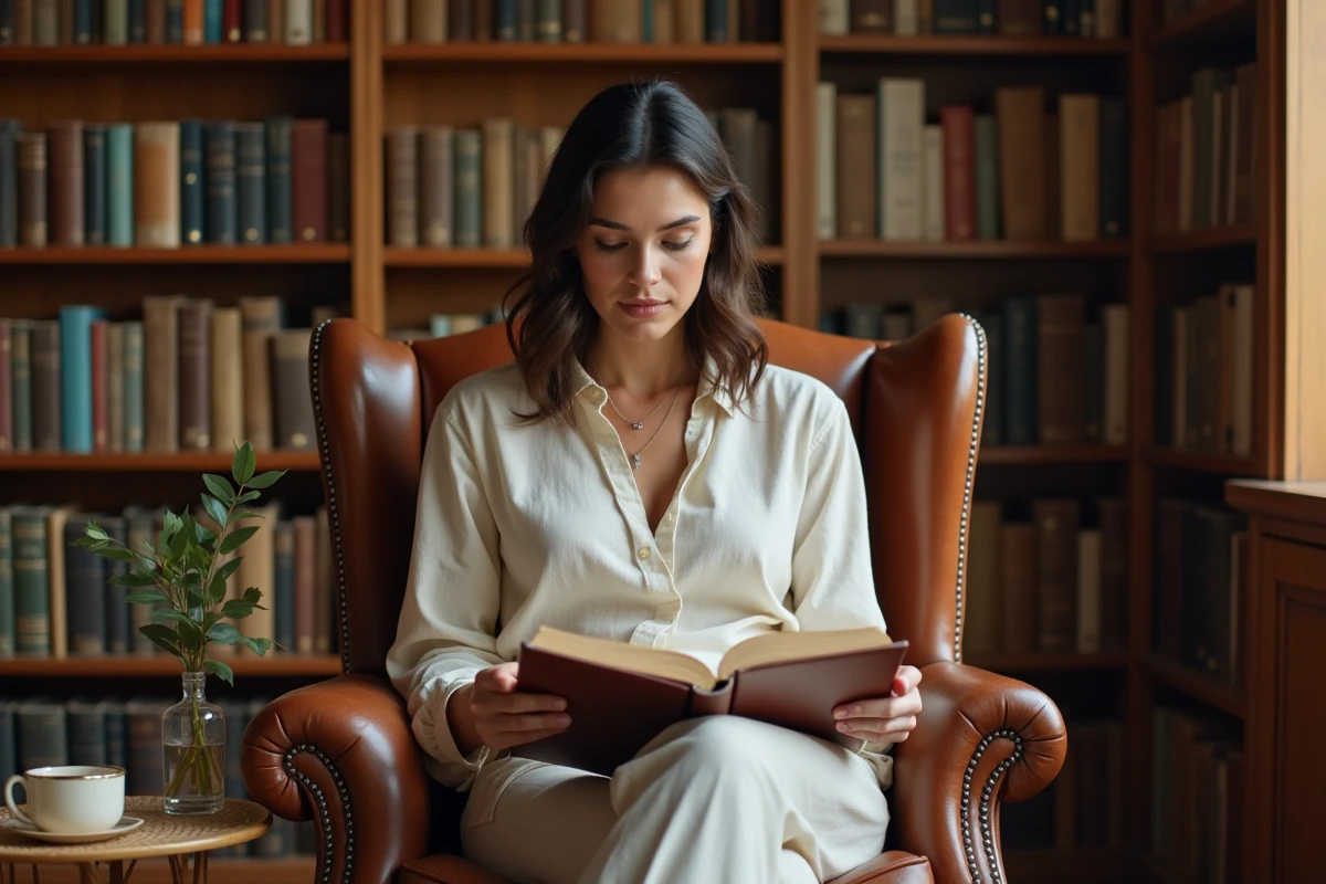 Femme lisant un livre broché dans une bibliothèque personnelle entourée d'étagères remplies de livres de poche