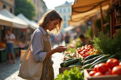 Femme choisissant des légumes frais sur un étal de marché du dimanche matin en plein air