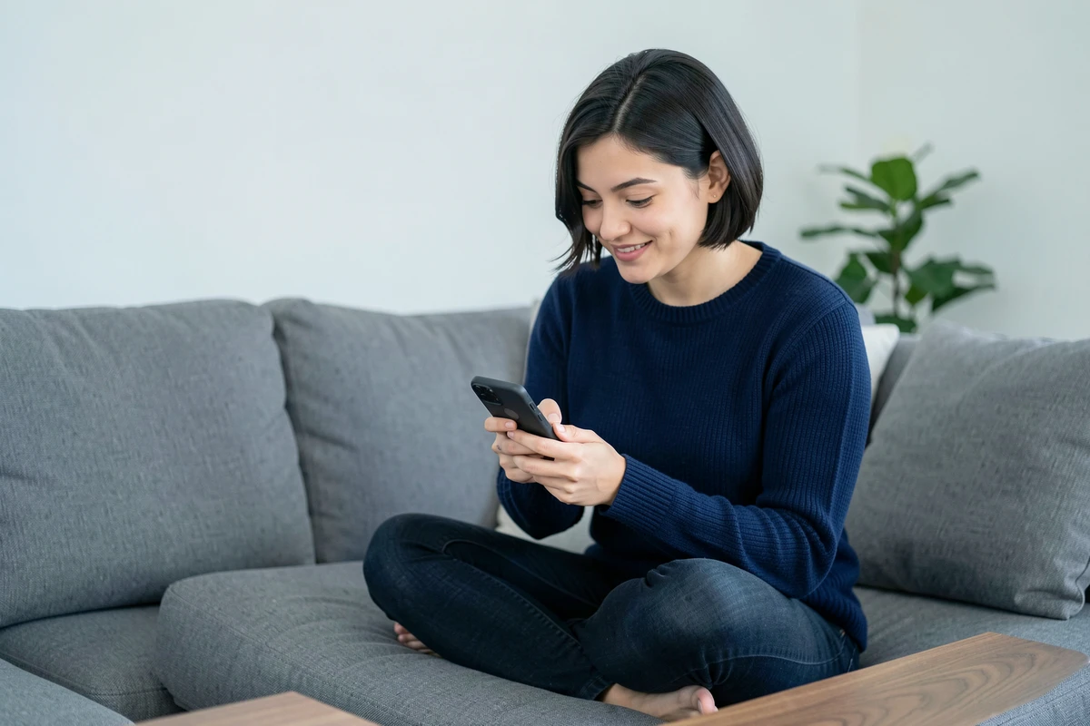 Femme jouant au jeu de morpion Google sur smartphone avec le sourire dans un salon minimaliste moderne