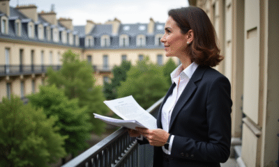 Femme d'âge moyen avec documents sur balcon parisien