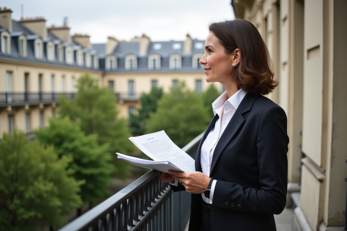 Femme d'âge moyen avec documents sur balcon parisien