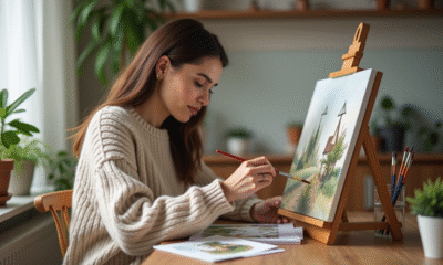 Femme concentrée peignant un tableau paintbynumbers dans un appartement moderne