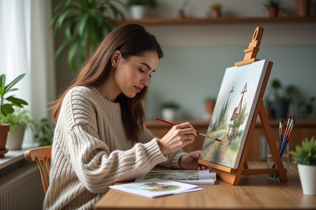 Femme concentrée peignant un tableau paintbynumbers dans un appartement moderne