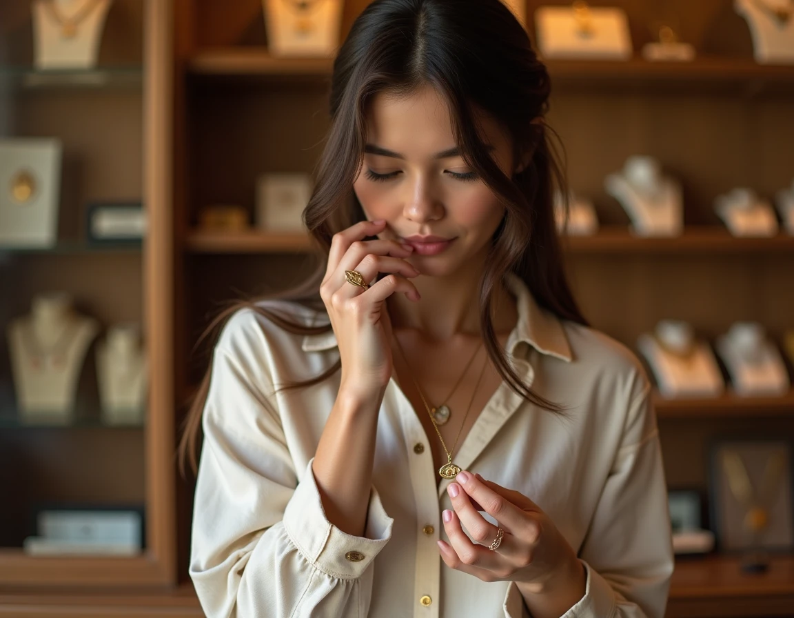 Jeune femme tenant un pendentif œil égyptien en or dans une boutique de bijoux artisanale