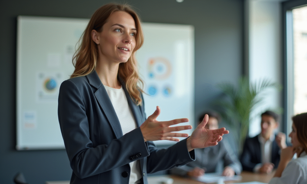 Femme confiante en réunion avec tableau blanc