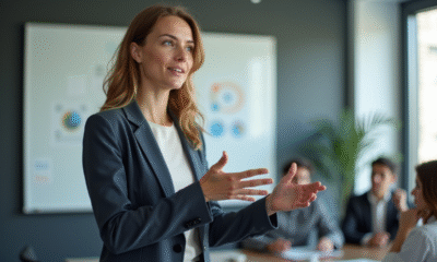 Femme confiante en réunion avec tableau blanc