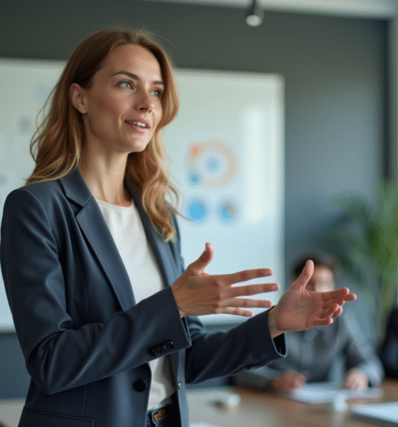 Femme confiante en réunion avec tableau blanc