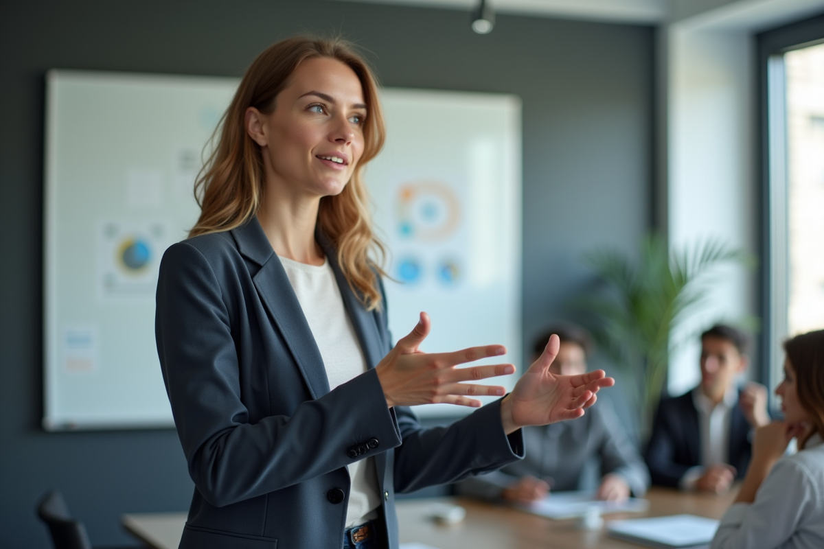 Femme confiante en réunion avec tableau blanc