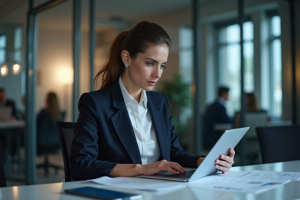 Femme professionnelle en blazer vérifiant documents de conformité
