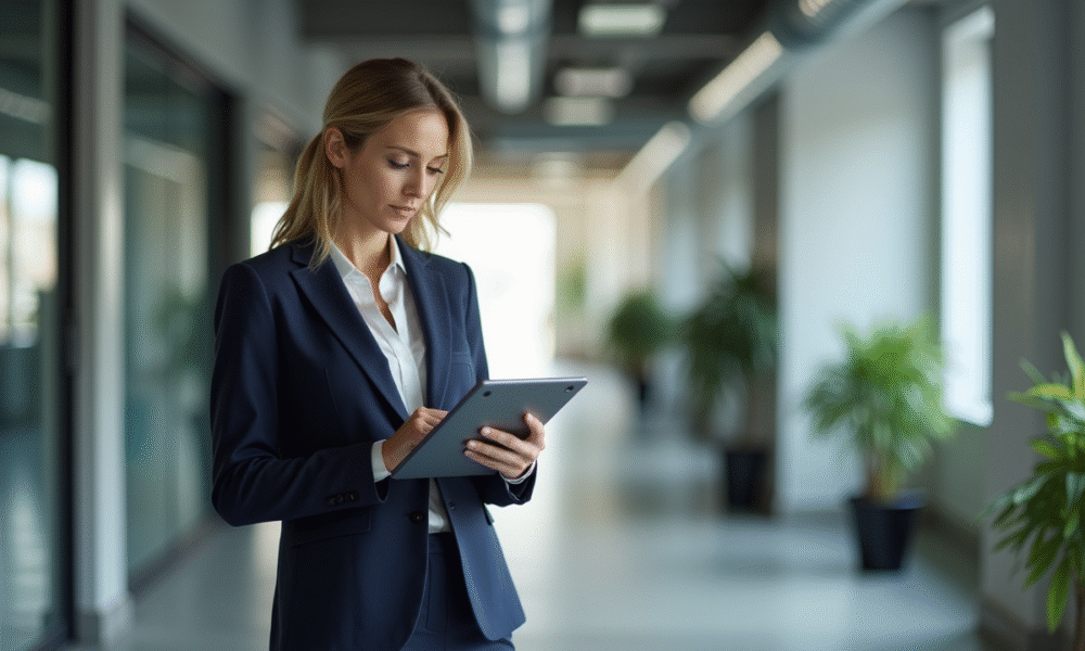 Femme en tailleur navy avec tablette dans un bureau moderne