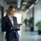 Femme en tailleur navy avec tablette dans un bureau moderne