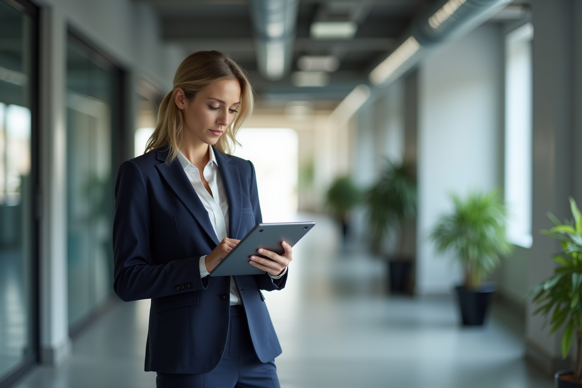 Femme en tailleur navy avec tablette dans un bureau moderne