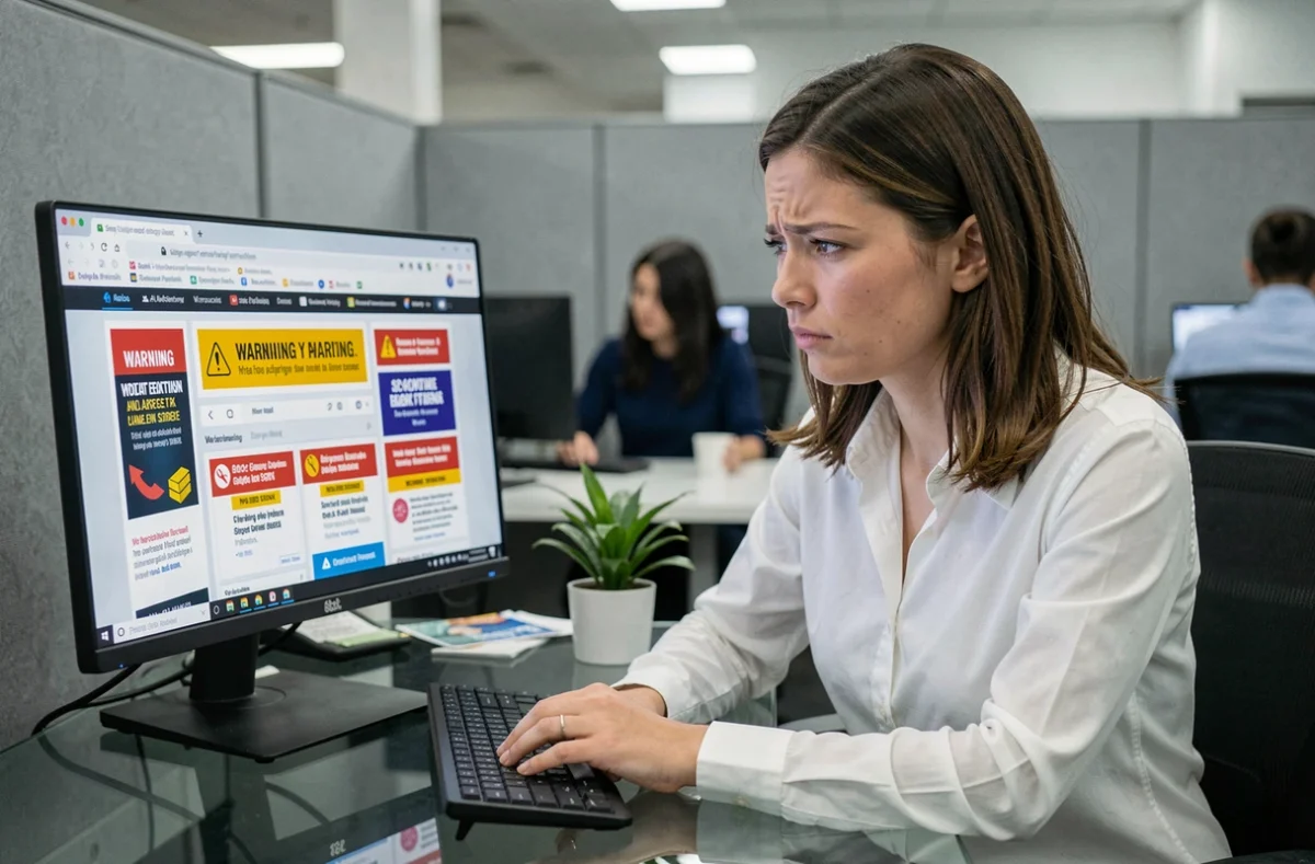 Femme analysant des publicités intrusives et des alertes de sécurité sur un écran d'ordinateur de bureau au bureau