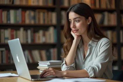 Femme en recherche d'archives sur un ordinateur portable