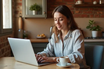 Femme italienne cherchant des annonces de seconde main sur un ordinateur portable dans un appartement méditerranéen chaleureux