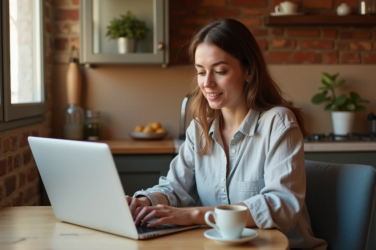 Femme italienne cherchant des annonces de seconde main sur un ordinateur portable dans un appartement méditerranéen chaleureux