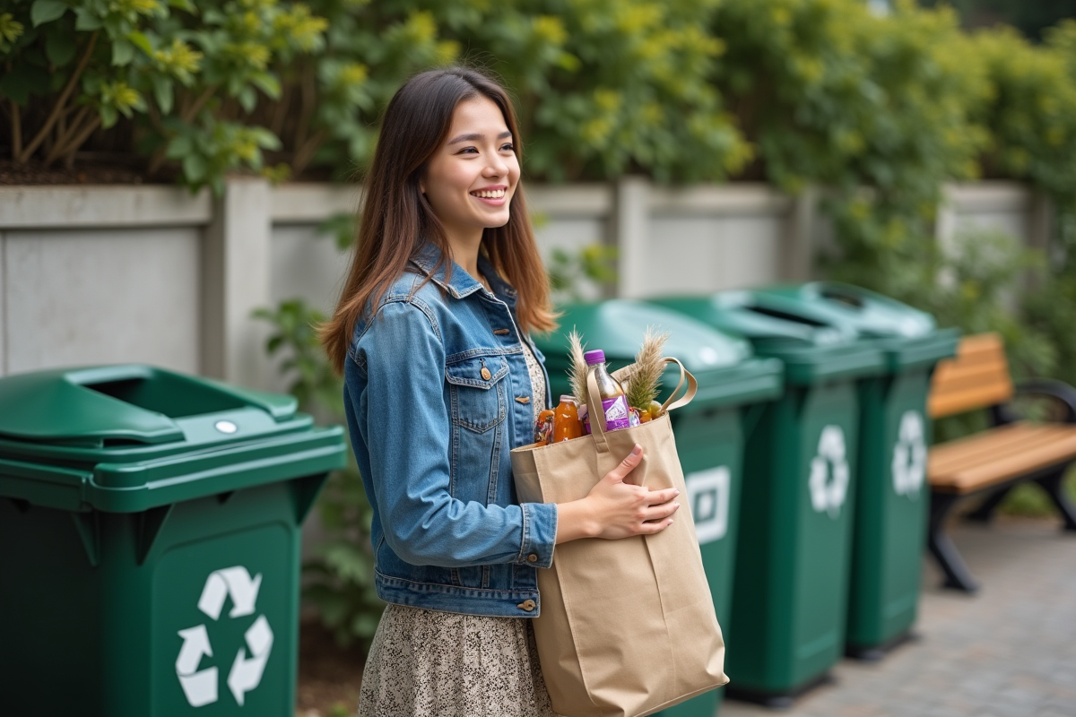 Jeune femme souriante avec sac recyclé près de bacs de tri en extérieur