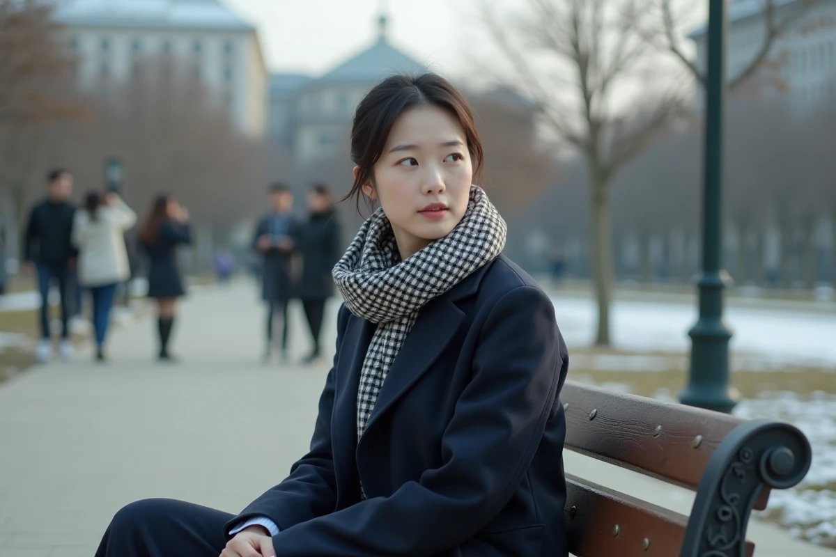 Femme asiatique contemplative sur un banc de parc