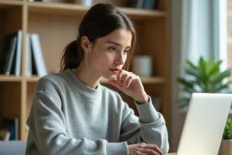 Femme concentrée relisant un texte sur un ordinateur portable dans un bureau à domicile, avec un carnet de notes à côté d'elle