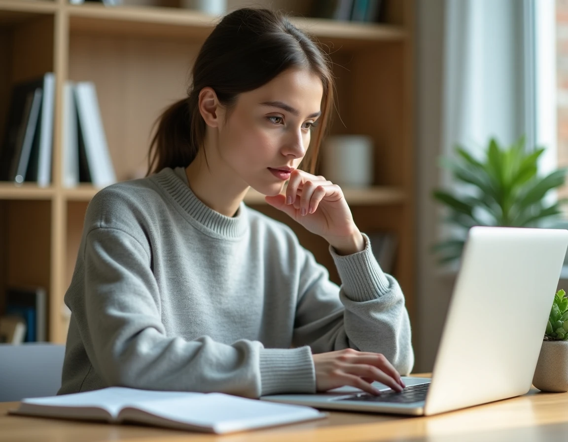 Femme concentrée relisant un texte sur un ordinateur portable dans un bureau à domicile, avec un carnet de notes à côté d'elle