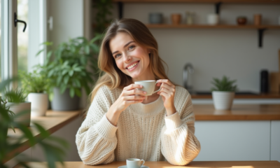 Femme détendue sirotant une tisane dans une cuisine lumineuse