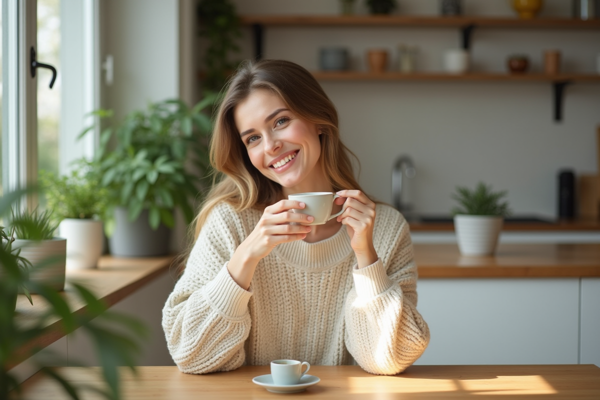 Femme détendue sirotant une tisane dans une cuisine lumineuse