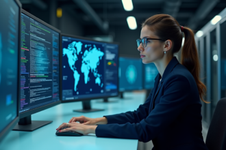 Femme en costume navy analysant des cartes de menace cyber