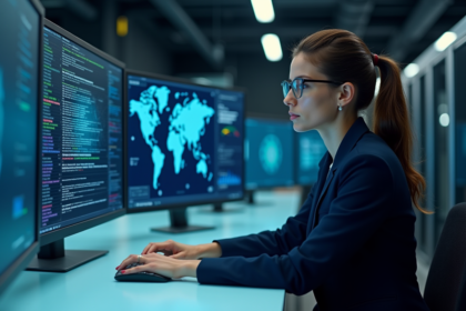 Femme en costume navy analysant des cartes de menace cyber