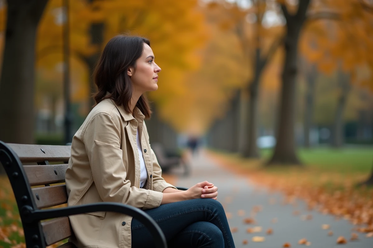 Femme seule assise sur un banc dans un parc en automne, regard contemplatif, illustrant la séparation et l'attente dans la relation flammes jumelles