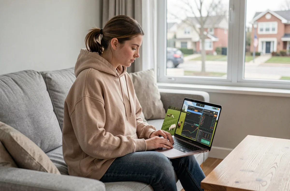 Jeune femme jouant à Simagri France 2 sur laptop avec interface de gestion agricole virtuelle