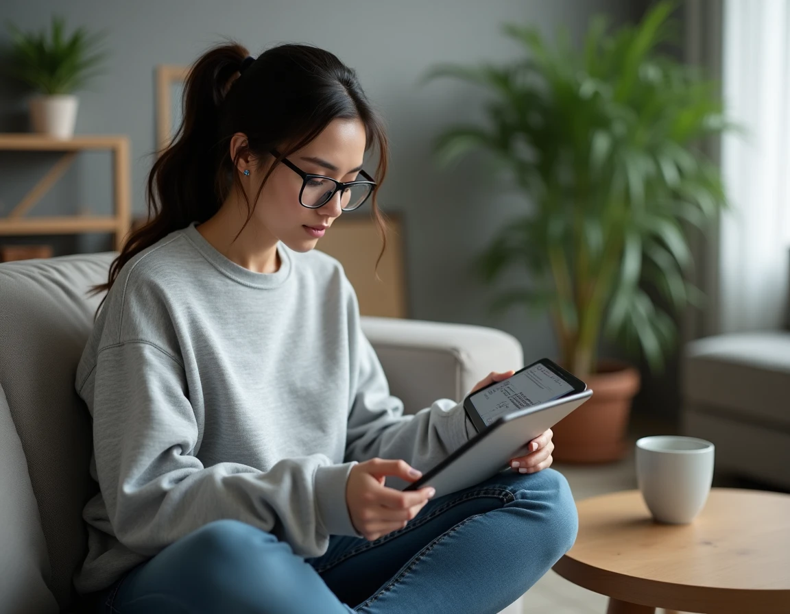 Femme parcourant un site de lecture de scan manga sur tablette installée sur un canapé moderne