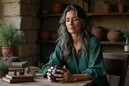Femme sorcière aux cheveux argentés en contemplation dans un intérieur de chaumière avec herbes séchées et livres anciens