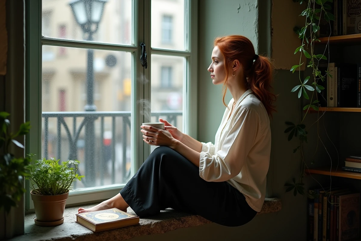 Jeune femme rousse contemplative devant une fenêtre sous la pluie avec un jeu de tarot, symbolisant l'intuition et le don de clairvoyance