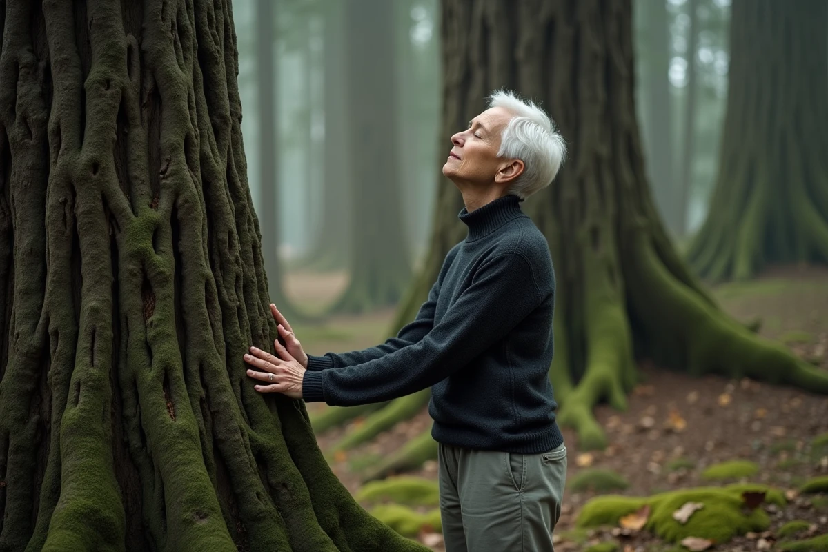 Femme âgée aux cheveux blancs communiant avec un chêne ancien dans une forêt brumeuse d'automne, évoquant un don de connexion à la nature