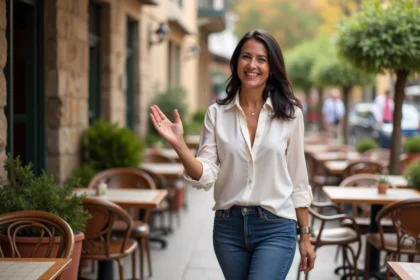 Femme souriante saluant un ami dans un café en Espagne