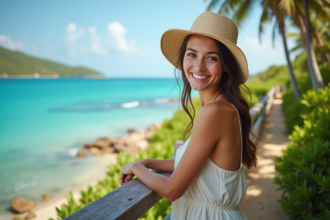 Femme souriante en robe légère sur la côte martiniquaise