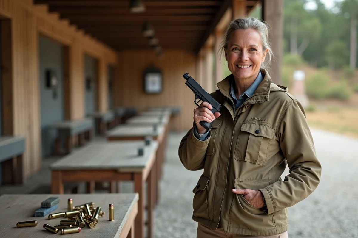 Femme au stand de tir tenant une arme 9mm