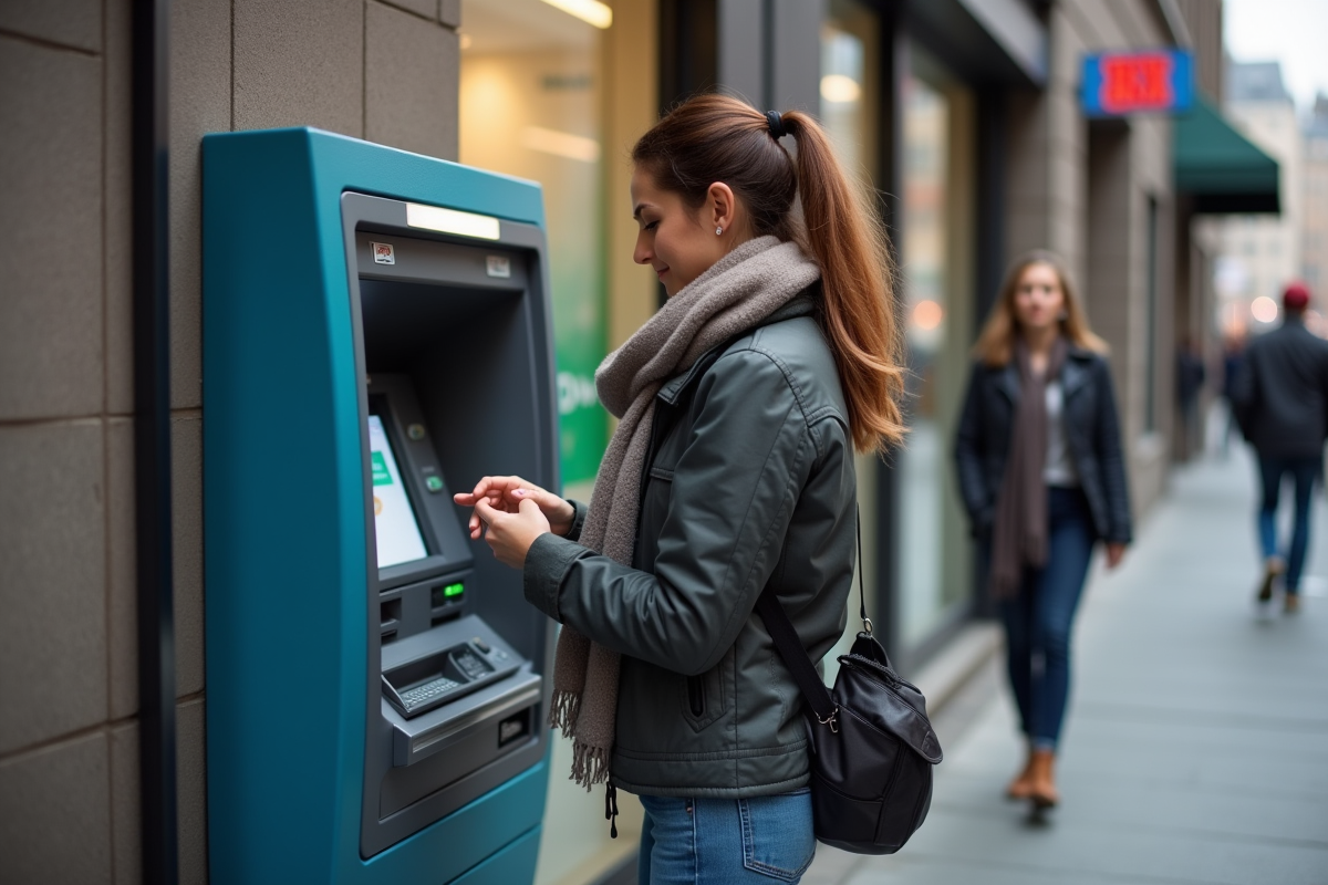 Femme urbaine vérifiant son solde à un distributeur